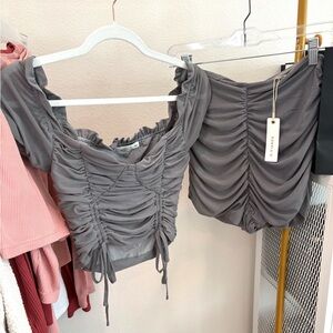 Gray Ruched Cap Sleeve Blouse Set
